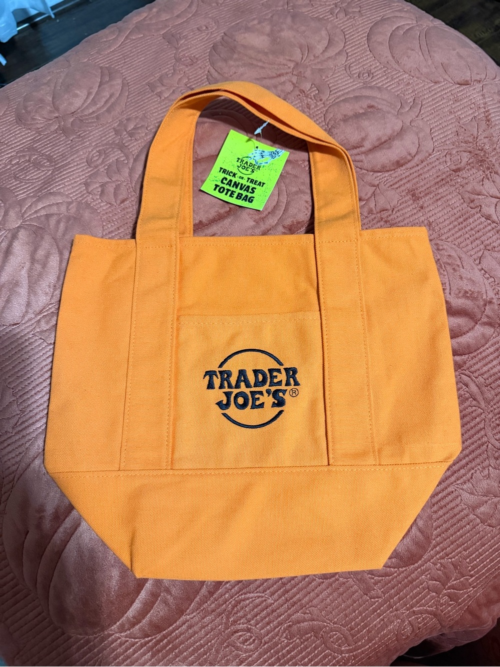 Trader Joe's Orange Canvas Tote Bag with Front Pocket